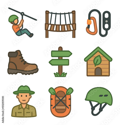 Eco-Adventure Icon Set. Flat icon set of eco-adventures: zipline, rope bridge, climbing gear, hiking boot,
