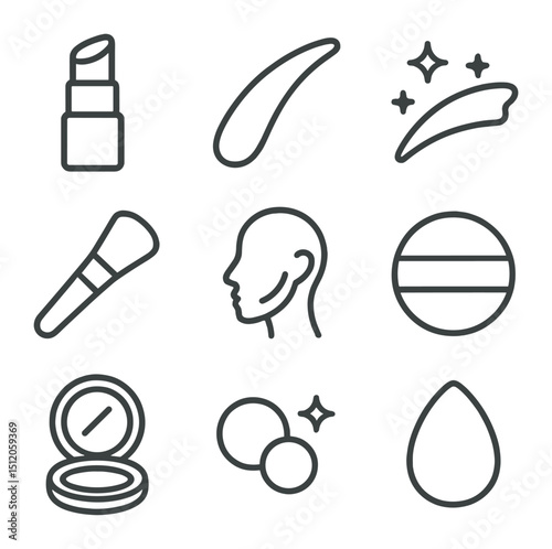 Makeup Icon Set. Outline icon set of makeup highlight streaks: highlighter stick, cheekbone line, glitter swipe, brush tip,