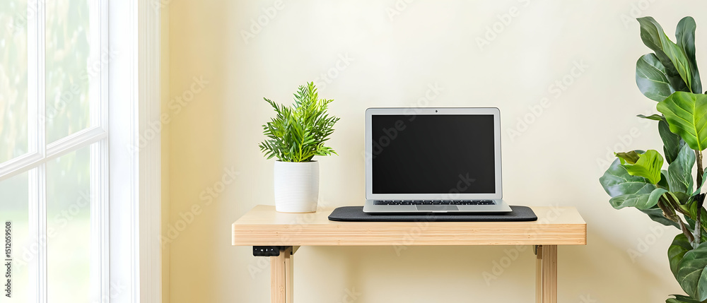 Fototapeta premium Modern Wooden Desk With Laptop And Plant In Home Office