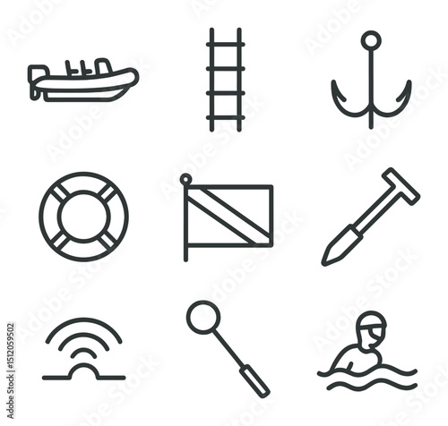Maritime Equipment Icons. Outline icon set of maritime interdiction: rigid-hull inflatable boat, boarding ladder, grapnel hook,