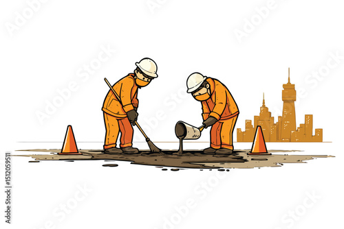 Cartoon road repair crew filling potholes, safety cones, cityscape background
