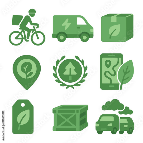 Eco-Friendly Logistics Icons. Flat icon set of green logistics and delivery: bicycle courier, EV delivery van,