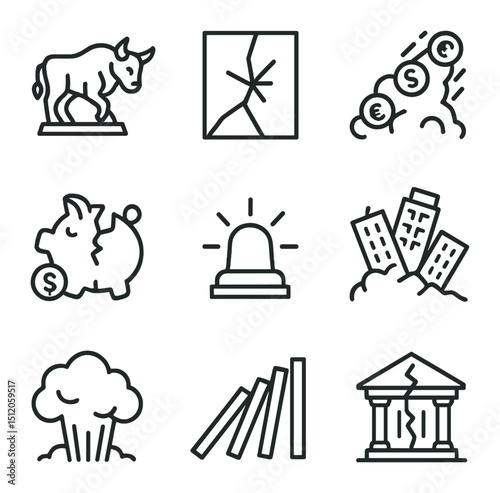 Market Crash Icons. Outline icon set of market crash events: broken bull statue, shattered mirror, avalanche of coins, crushed