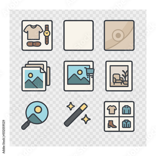 Ecommerce Icon Grid. Flat icon set of ecommerce image needs: product flat lay, white background icon, close-up