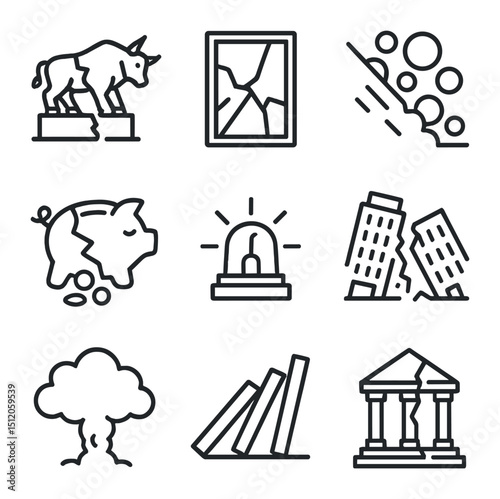 Market Crash Icons. Outline icon set of market crash events: broken bull statue, shattered mirror, avalanche of coins, crushed