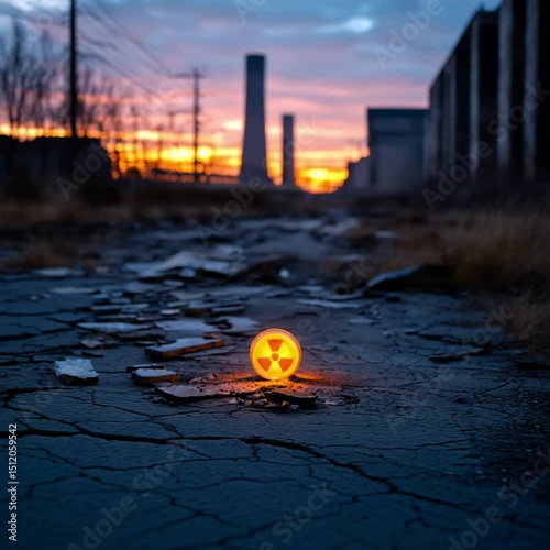 Symbol of hazard at a power plant with a dramatic sky during twilight hour.