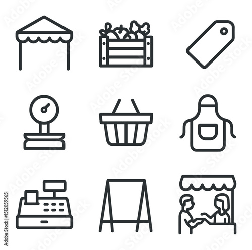 Market Stall Icons. Outline icon set of open-air market stalls: canopy tent, produce crate, price tag, weighing scale, shopping