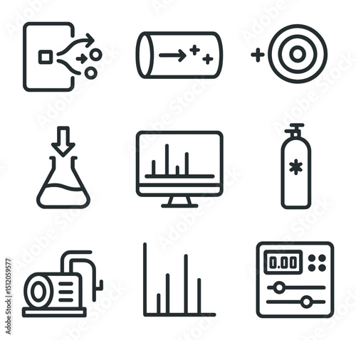 Mass Spectrometry Icons. Outline icon set of mass spectrometry technique: ion source, mass analyzer tube, detector ion, vacuum