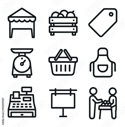 Market Stall Icons. Outline icon set of open-air market stalls: canopy tent, produce crate, price tag, weighing scale, shopping
