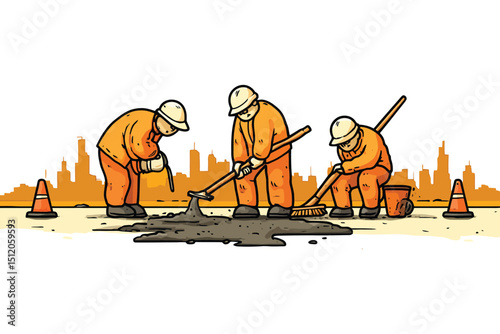Illustration of construction workers patching asphalt on a city street on white background