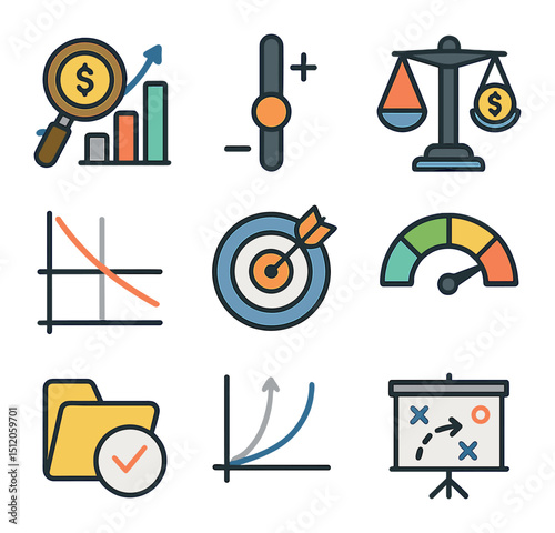 Economic Optimization Icons. Flat icon set of economic optimization: cost-benefit analysis icon, optimization