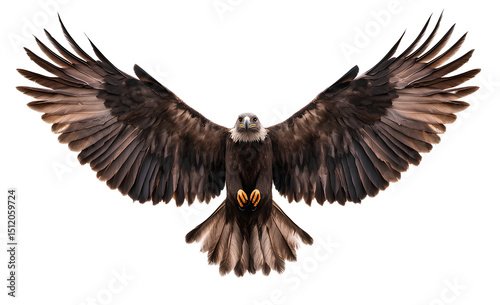 Eagle flying with spread wings isolated on transparent background.