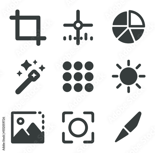 Photo Editing Icon Set. Flat icon set of stock photo editing tools: crop icon, exposure slider, color balance