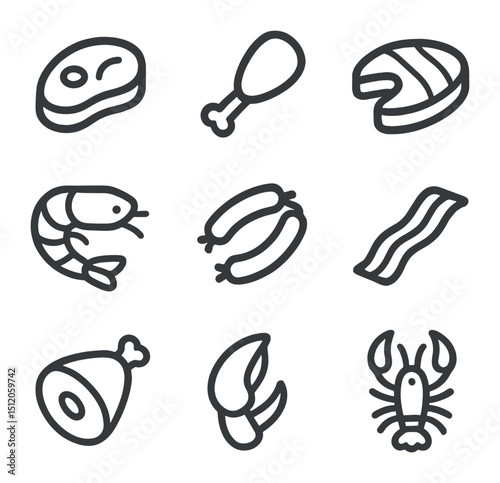 Meat and Seafood Icons. Outline icon set of meat and seafood counter: steak cut, chicken drumstick, fish fillet, shrimp, sausage