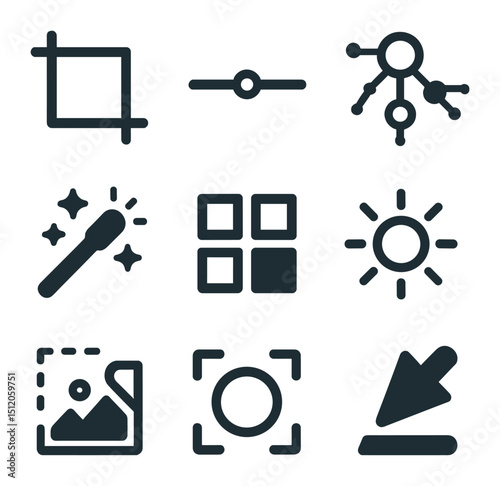 Photo Editing Icon Set. Flat icon set of stock photo editing tools: crop icon, exposure slider, color balance