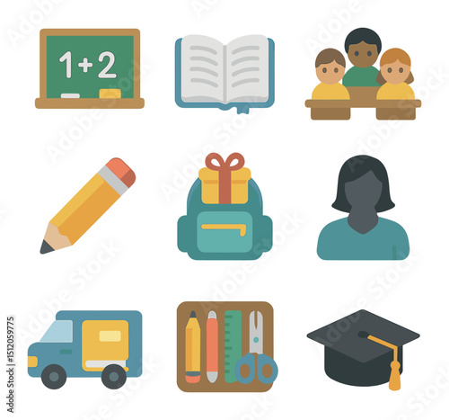 Education Support Icons. Flat icon set of education support initiatives: chalkboard, open textbook, children