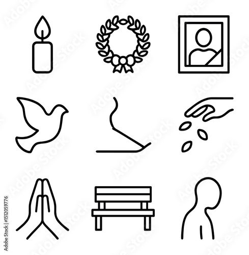 Memorial Ritual Icons. Outline icon set of memorial rituals and remembrance: candle flame, wreath, photo frame, dove silhouette,