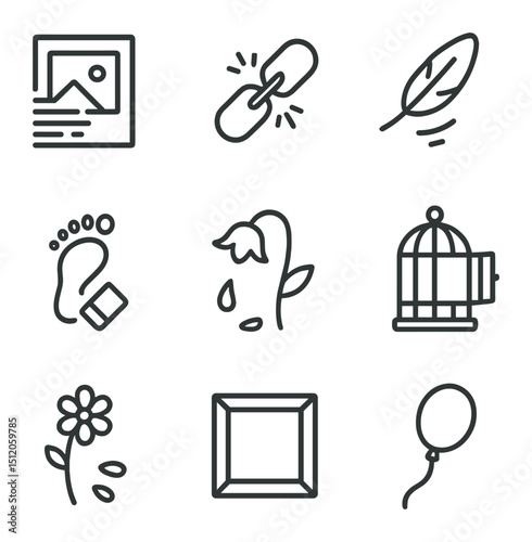 Memory Release Icons. Outline icon set of memory letting go: fading photograph, broken chain link, drifting feather, erased