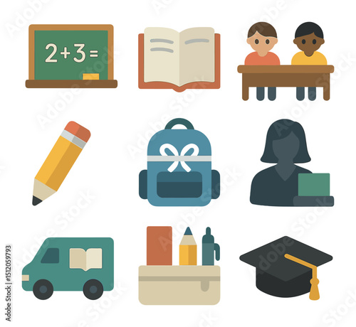 Education Support Icons. Flat icon set of education support initiatives: chalkboard, open textbook, children