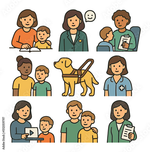 Education Support Icons. Flat icon set of support staff in education: special educator, school counselor,
