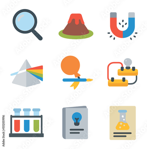 Educational Science Kit Icons. Flat icon set of educational science kits: magnifying glass, mini volcano,