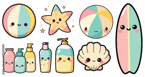 Kawaii Beach Objects in Pastel Colors, Cute Vector Design, Summer Decor Element
