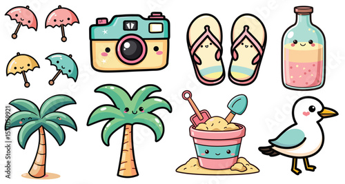 Kawaii Beach Vector Pack, cute pastel style, summer decorations and graphics