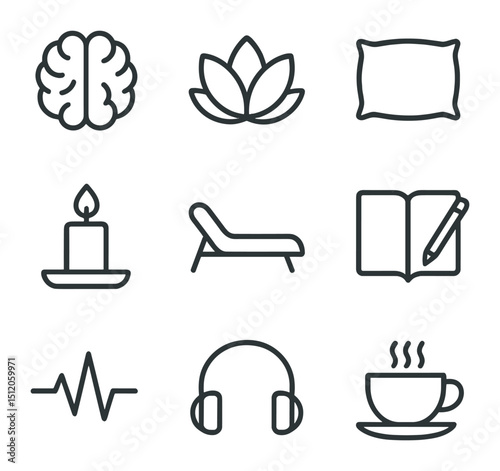 Mental Health Icons. Outline icon set of mental health sanctuary: brain, lotus flower, pillow, candle, therapist couch, journal,