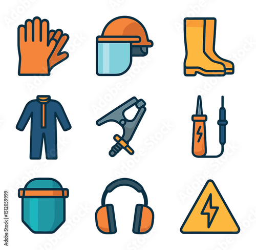Electrical Safety Gear Icons. Flat icon set of electrical PPE gear icons: insulated gloves, safety helmet with