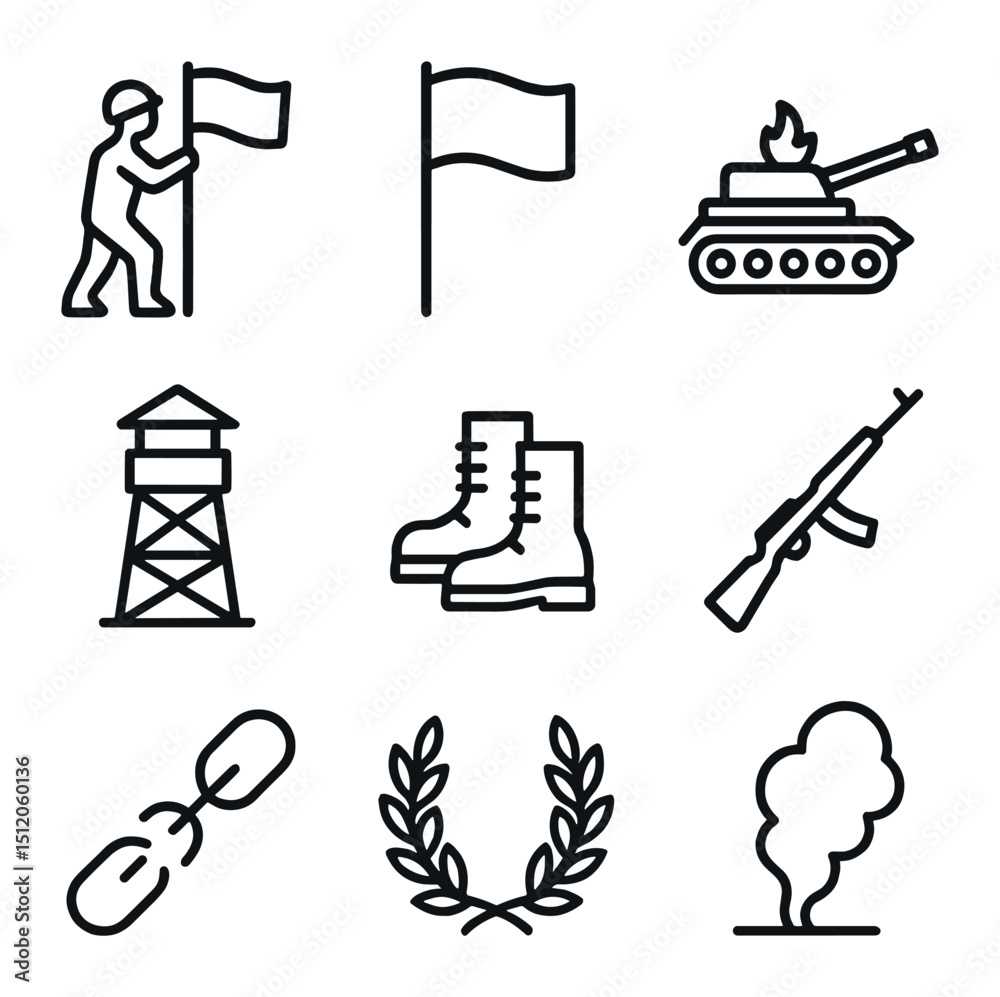 Obraz premium Military Victory Icons. Outline icon set of military victory flag raising: soldier silhouette, raised flag, destroyed tank,