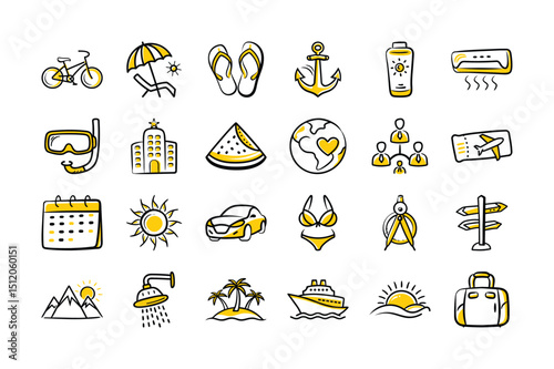 Summer & Travel Icon Set – Hand-Drawn Yellow and Black Doodles


