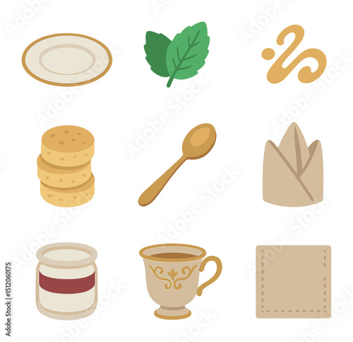Elegant Pastry Icons. Flat icon set of elegant pastry presentation: dessert plate, garnish mint leaf, fruit