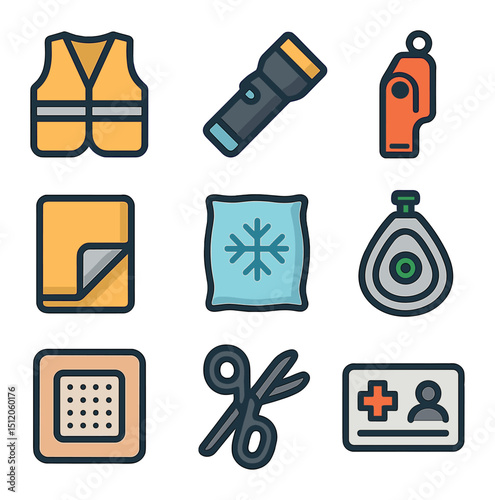 Emergency Medical Icons. Flat icon set of roadside emergency medical supplies: reflective vest, flashlight,