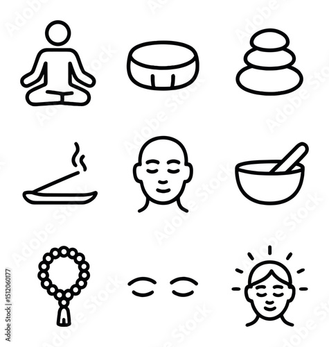 Mindful Meditation Icons. Outline icon set of mindful meditation: lotus pose, meditation cushion, zen stones, incense, calm face,