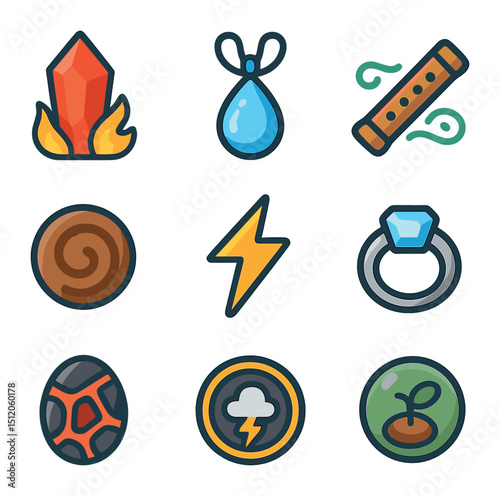 Elemental Icon Set. Flat icon set of elemental artifacts: fire crystal, water pendant, wind flute, earth