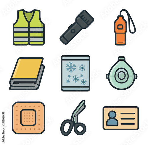Emergency Medical Icons. Flat icon set of roadside emergency medical supplies: reflective vest, flashlight,