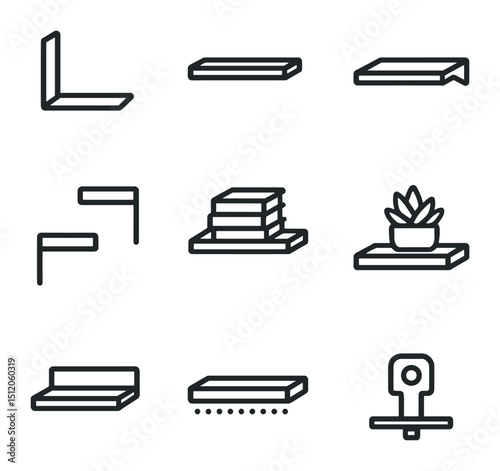 Modern Shelf Icon Set. Outline icon set of modern floating shelves: floating bracket, slim shelf plank, hidden support,