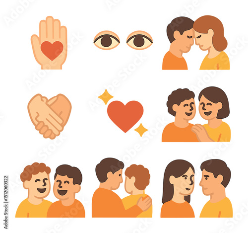 Emotional Connection Icons. Flat icon set of emotional connection and affection: hand on heart, caring eyes,