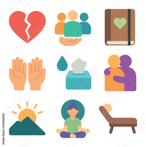 Emotional Healing Icons. Flat icon set of emotional healing after trauma: broken heart, support group,