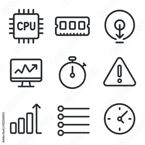 Monitoring Metrics Icons. Outline icon set of monitoring metrics: CPU usage, memory usage, disk I/O, network throughput, latency