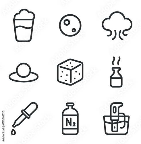 Molecular Mixology Icons. Outline icon set of molecular mixology elements: foam topper, spherification bead, liquid nitrogen cloud