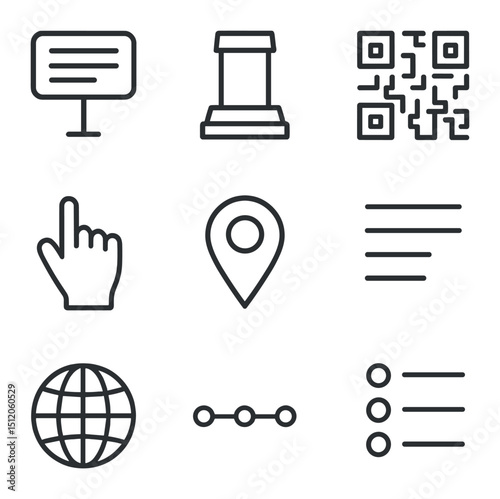 Monument Signage Icons. Outline icon set of monument signage elements: info plaque, pedestal base, QR code icon, pointer hand, map