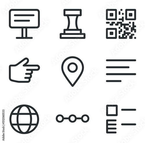 Monument Signage Icons. Outline icon set of monument signage elements: info plaque, pedestal base, QR code icon, pointer hand, map