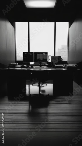 Monochromatic office space featuring a large desk with computers, paperwork, and city skyline view through a bright window.