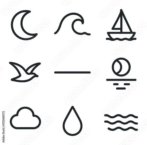 Moonlit Ocean Icons. Outline icon set of moonlight on ocean waves: crescent moon, wave crest, foam line, sailing boat, seabird