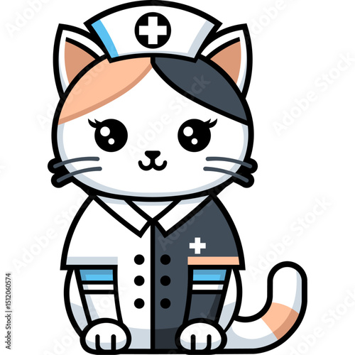 cat in a nurse uniform in flat color block editable vector illustration and clear background