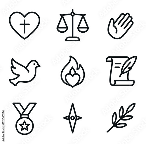 Moral Theology Icons. Outline icon set of moral theology: heart with cross, scales of justice, open hand, dove, flame of charity,