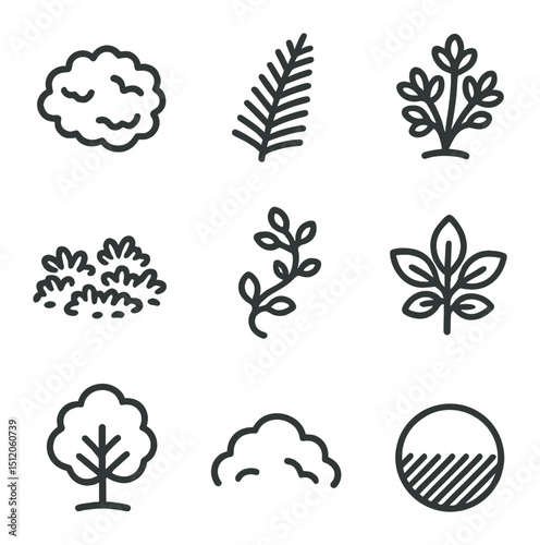 Moss Texture Icon Set. Outline icon set of moss and greenery textures: moss patch, fern frond, small shrub, groundcover, creeping