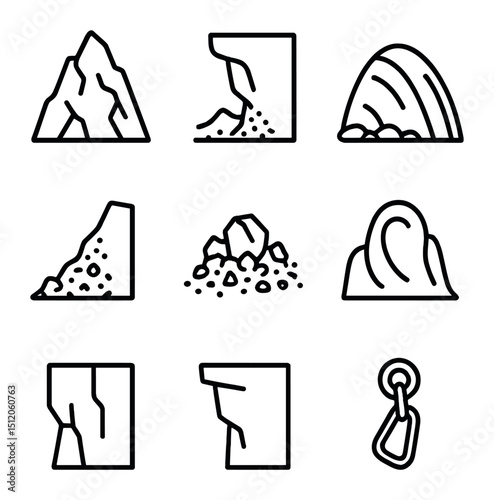 Mountain Icon Set. Outline icon set of mountain rock faces: granite crag, cliff overhang, scree slope, talus pile, rockfall debris