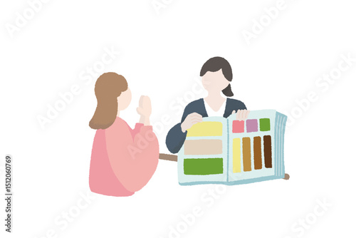 インテリアコーディネーターと奥様の打ち合わせの様子　暮らしのイラスト　新築・工務店の流れ　home